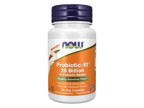 NOW Foods Probiotic-10 25 Billion Veg Capsules 10 Strains with FOS Prebiotic 30 Veg Capsules front bottle view