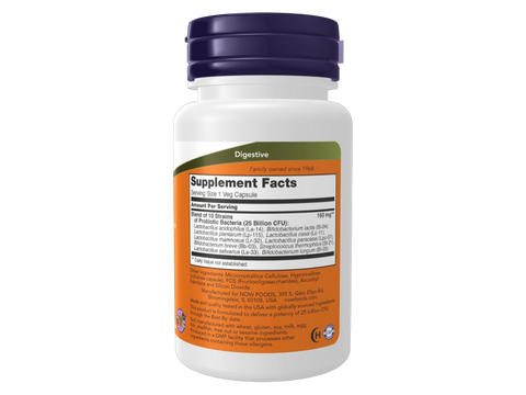NOW Foods Probiotic-10 25 Billion Veg Capsules 10 Strains with FOS Prebiotic 30 Veg Capsules Supplement Facts label with probiotic strains details