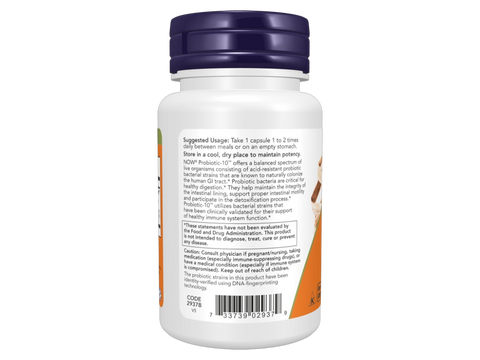 NOW Foods Probiotic-10 25 Billion Veg Capsules 10 Strains with FOS Prebiotic 30 Veg Capsules suggested usage directions and product barcode