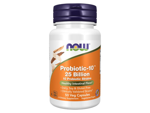 NOW Foods Probiotic-10 25 Billion Veg Capsules 10 Strains with FOS Prebiotic 50 Veg Capsules front bottle view