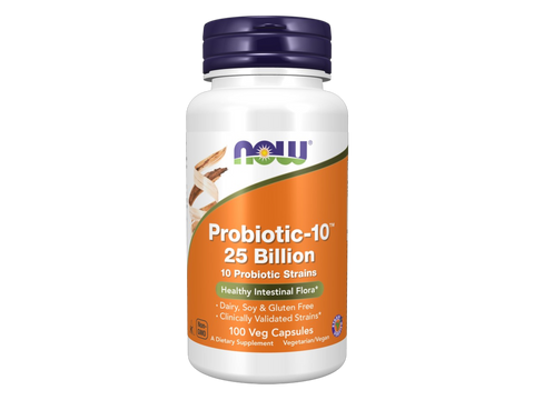NOW Foods Probiotic-10 25 Billion Veg Capsules 10 Strains with FOS Prebiotic 100 Veg Capsules front bottle view
