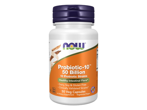 NOW Foods Probiotic-10 50 Billion Veg Capsules 10 Strains with FOS Prebiotic 50 Veg Capsules front bottle view