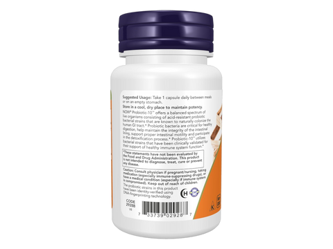 NOW Foods Probiotic-10 50 Billion Veg Capsules 10 Strains with FOS Prebiotic 50 Veg Capsules suggested usage directions and product barcode