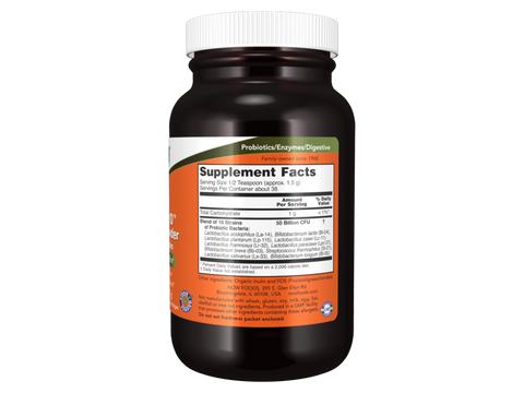 NOW Foods Probiotic 50 Billion CFU Powder with Inulin and FOS 10 Strains 57 g Supplement Facts label with probiotic strains details