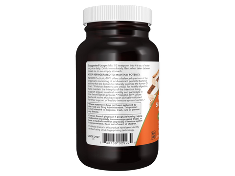 NOW Foods Probiotic 50 Billion CFU Powder with Inulin and FOS 10 Strains 57 g suggested usage directions and product barcode
