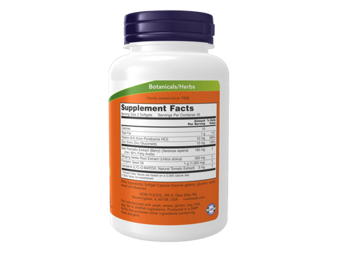 NOW Foods Prostate Support Softgels with Saw Palmetto and Lycopene 90 Softgels Supplement Facts label with herbal and nutrient details