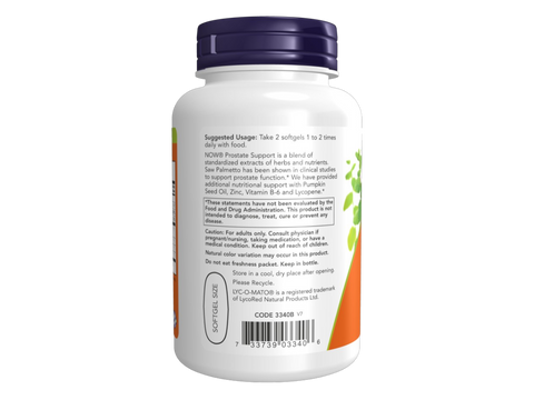 NOW Foods Prostate Support Softgels with Saw Palmetto and Lycopene 90 Softgels suggested usage directions and product barcode