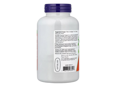 NOW Foods Prostate Support Softgels with Saw Palmetto and Lycopene 180 Softgels suggested usage directions and product barcode