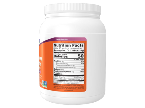 NOW Foods Pure Sunflower Lecithin Powder 1 lb 454 g 45 Servings Non-GMO Supplement Facts label with phospholipid details