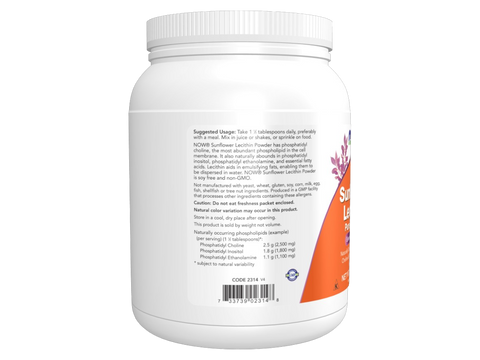 NOW Foods Pure Sunflower Lecithin Powder 1 lb 454 g 45 Servings Non-GMO suggested usage directions and product barcode