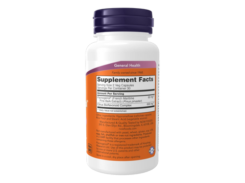 NOW Foods Pycnogenol 30 mg Veg Capsules with Bioflavonoids 60 Veg Capsules Supplement Facts label with antioxidant and bioflavonoid details