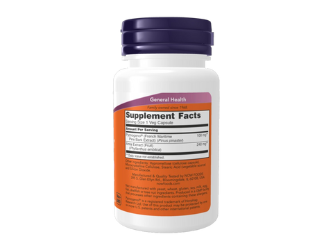 NOW Foods Pycnogenol 100 mg with Amla French Pine Bark Extract 60 Veg Capsules Supplement Facts label with antioxidant details