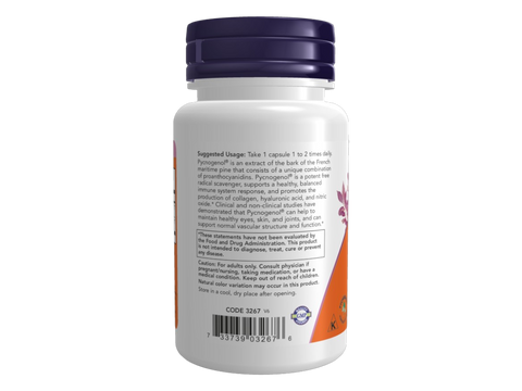 NOW Foods Pycnogenol 100 mg with Amla French Pine Bark Extract 60 Veg Capsules suggested usage directions and product barcode