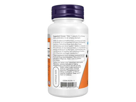 NOW Foods SAMe 200 mg Vegetarian Capsules S-Adenosylmethionine 60 Veg Capsules suggested usage directions and product barcode