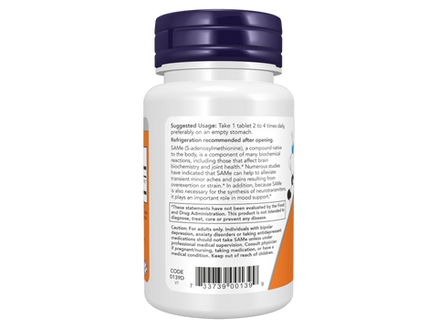 NOW Foods SAMe 400 mg Tablets S-Adenosylmethionine for Joint Support 30 Tablets suggested usage directions and product barcode