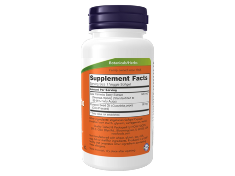 NOW Foods Saw Palmetto Extract 320 mg Softgels with Pumpkin Seed Oil 90 Softgels Supplement Facts label with herbal extract and oil details