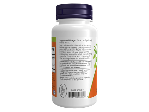 NOW Foods Saw Palmetto Extract 320 mg Softgels with Pumpkin Seed Oil 90 Softgels suggested usage directions and product barcode