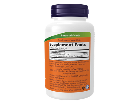 NOW Foods Saw Palmetto Softgels 160 mg 240 Softgels Supplement Facts label with herbal extract details