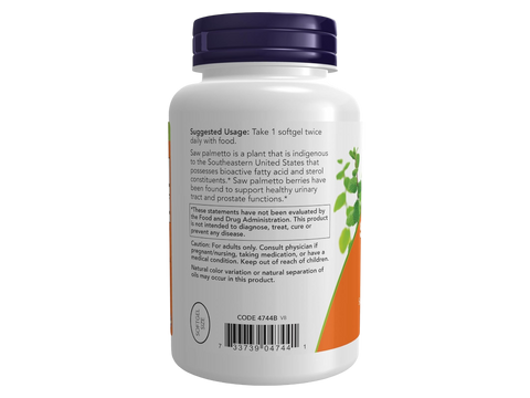 NOW Foods Saw Palmetto Softgels 160 mg 240 Softgels suggested usage directions and product barcode