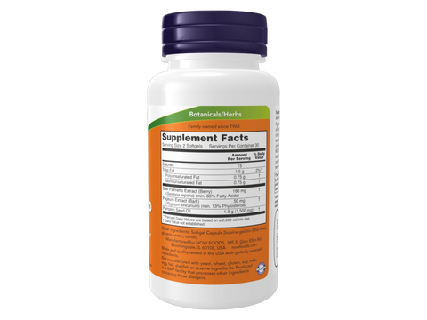 NOW Foods Saw Palmetto and Pygeum Africanum Softgels for Men's Wellness 60 Softgels Supplement Facts label with herbal extract details