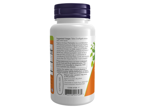 NOW Foods Saw Palmetto and Pygeum Africanum Softgels for Men's Wellness 60 Softgels suggested usage directions and product barcode