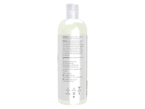 Supplement facts label and usage instructions for NOW Fractionated Coconut Oil.