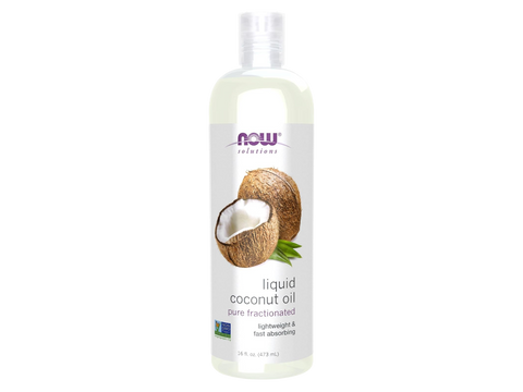 NOW Solutions Liquid Coconut Oil bottle, 473ml, on white background.