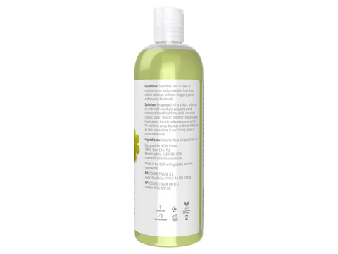 Supplement facts label and usage instructions for NOW Pure Grapeseed Oil.