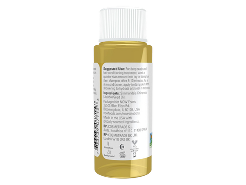 Supplement facts label and usage instructions for NOW Pure Jojoba Oil.