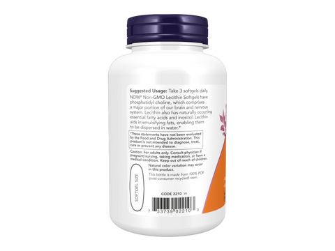 NOW Foods Soy Lecithin 1200 mg Softgels Non-GMO 100 Softgels suggested usage directions and product barcode