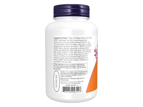 NOW Foods Sunflower Lecithin Softgels 1200 mg with Phosphatidyl Choline 100 Softgels suggested usage directions and product barcode