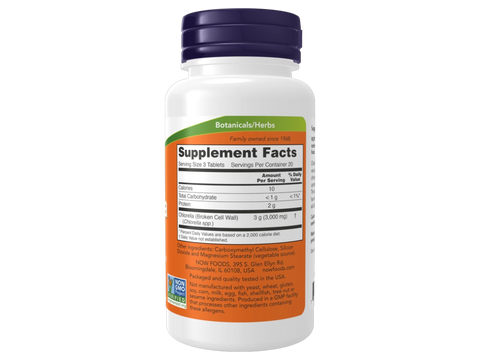 NOW Supplements Chlorella 1000 mg Tablets 60 Tablets Supplement Facts label with ingredient details