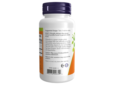 NOW Supplements Chlorella 1000 mg Tablets 60 Tablets suggested usage directions and product barcode