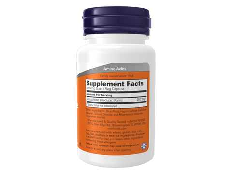 NOW Supplements Glutathione 250 mg Vegan Capsules 60 Veg Capsules Supplement Facts label with antioxidant details