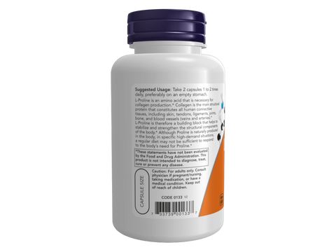 NOW Supplements L-Proline 500 mg Vegan Capsules 120 Veg Capsules suggested usage directions and product barcode