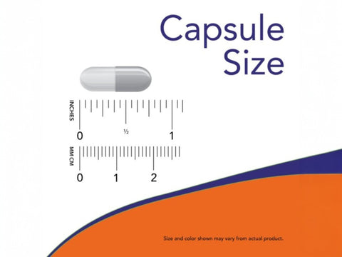 NOW Supplements L-Theanine 200 mg Double Strength Vegan Capsules capsule size comparison chart image