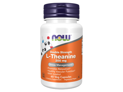 NOW Supplements L-Theanine 200 mg Double Strength Vegan Capsules 60 Veg Capsules front bottle view