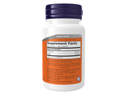 NOW Supplements L-Theanine 200 mg Double Strength Vegan Capsules 60 Veg Capsules Supplement Facts label with amino acid details