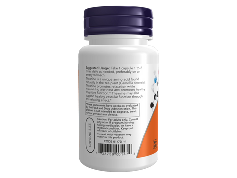 NOW Supplements L-Theanine 200 mg Double Strength Vegan Capsules 60 Veg Capsules suggested usage directions and product barcode