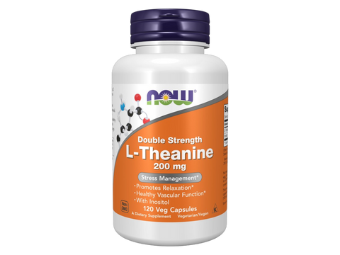 NOW Supplements L-Theanine 200 mg Double Strength Vegan Capsules 120 Veg Capsules front bottle view