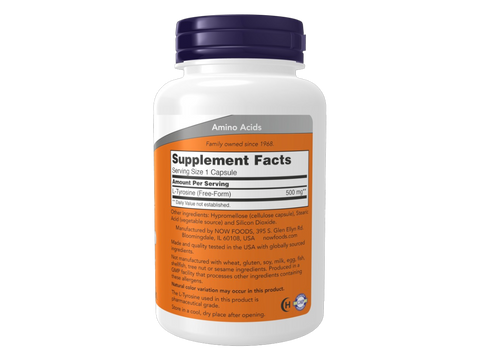 NOW Supplements L-Tyrosine 500 mg Capsules 120 Capsules Supplement Facts label with amino acid details