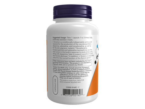 NOW Supplements L-Tyrosine 500 mg Capsules 120 Capsules suggested usage directions and product barcode