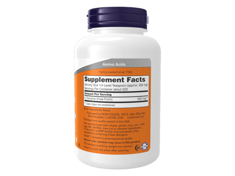 NOW Supplements L-Tyrosine Powder Pharmaceutical Grade 113 g Supplement Facts label with amino acid details