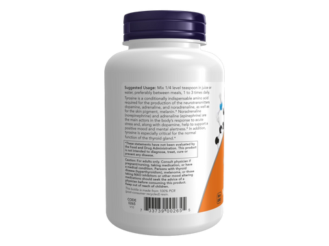 NOW Supplements L-Tyrosine Powder Pharmaceutical Grade 113 g suggested usage directions and product barcode