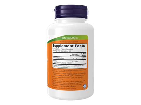 NOW Supplements Licorice Root 450 mg Veg Capsules 100 Veg Capsules Supplement Facts label with herbal ingredient details