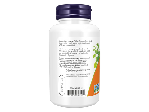 NOW Supplements Licorice Root 450 mg Veg Capsules 100 Veg Capsules suggested usage directions and product barcode