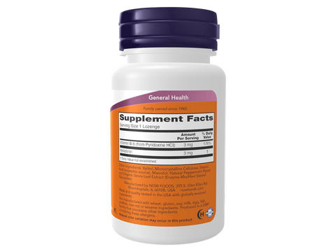 NOW Supplements Melatonin 3 mg Chewable Lozenges 90 Lozenges Supplement Facts label with melatonin details