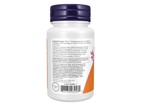 NOW Supplements Melatonin 3 mg Chewable Lozenges 90 Lozenges suggested usage directions and product barcode