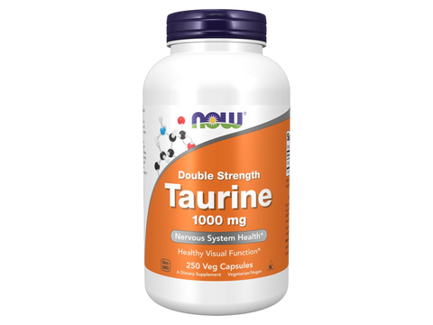 NOW Supplements Taurine 1000 mg Double Strength Vegan Capsules 250 Veg Capsules front bottle view