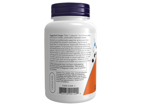 NOW Supplements Taurine 1000 mg Double Strength Vegan Capsules 100 Veg Capsules suggested usage directions and product barcode